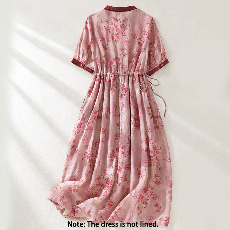Nimara Ritual Printing Buttons Drawstring High Waist Short Sleeve Midi Dress With Pockets