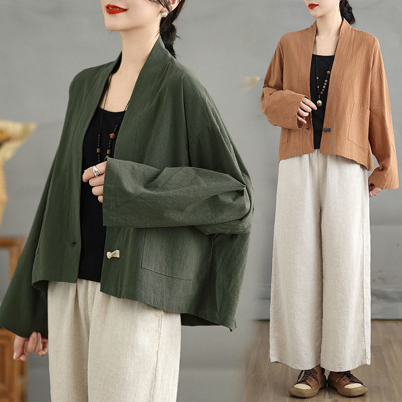Nimara Ritual Casual Vintage Plain Long Sleeve Open Front Jacket With Pockets
