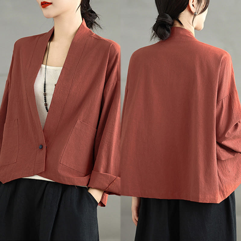 Nimara Ritual Casual Vintage Plain Long Sleeve Open Front Jacket With Pockets