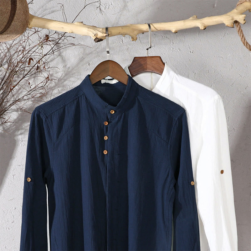 Nimara Ritual Slim Fit Design Stand Collar Crew Neck Cotton Linen Men's Long Sleeve Shirt