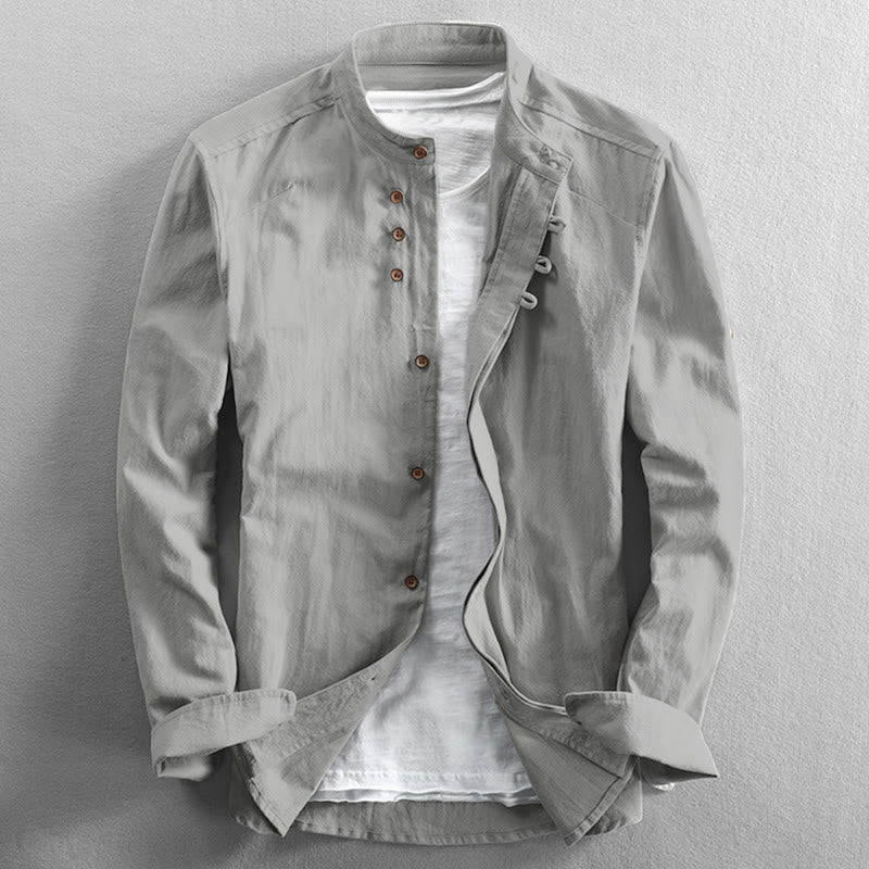 Nimara Ritual Slim Fit Design Stand Collar Crew Neck Cotton Linen Men's Long Sleeve Shirt