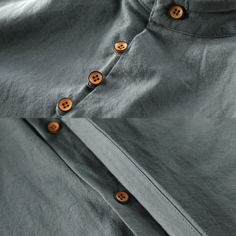 Nimara Ritual Slim Fit Design Stand Collar Crew Neck Cotton Linen Men's Long Sleeve Shirt