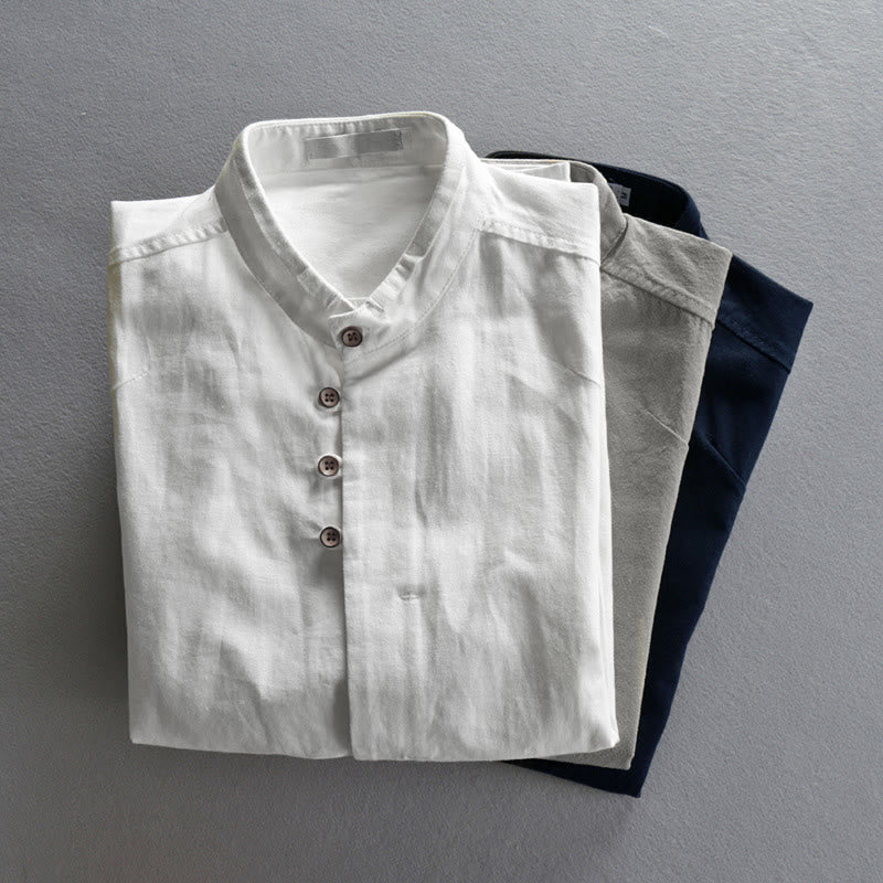 Nimara Ritual Slim Fit Design Stand Collar Crew Neck Cotton Linen Men's Long Sleeve Shirt