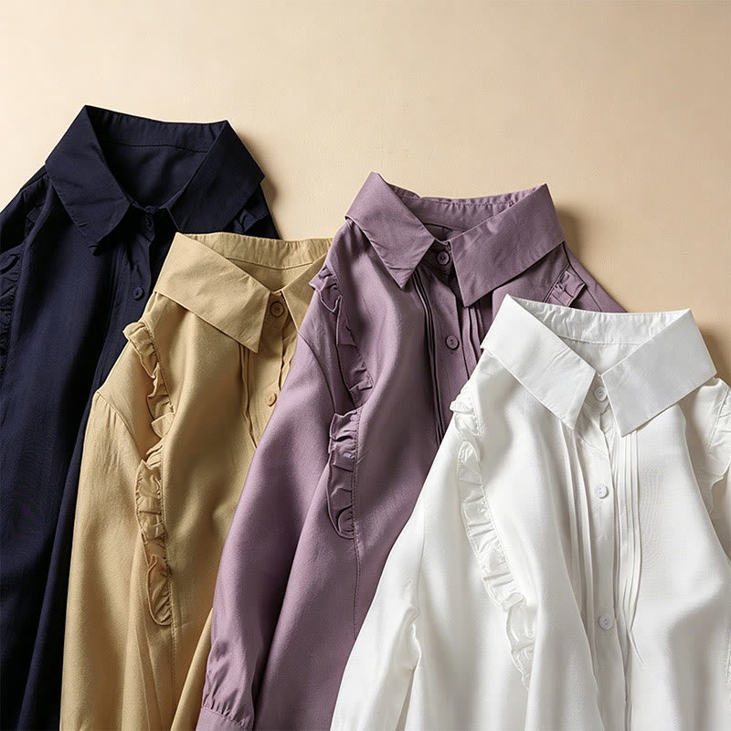 Nimara Ritual Summer Elegant Vintage Button-up Solid Front Pleated Ruffle Women's Short Sleeve Shirts