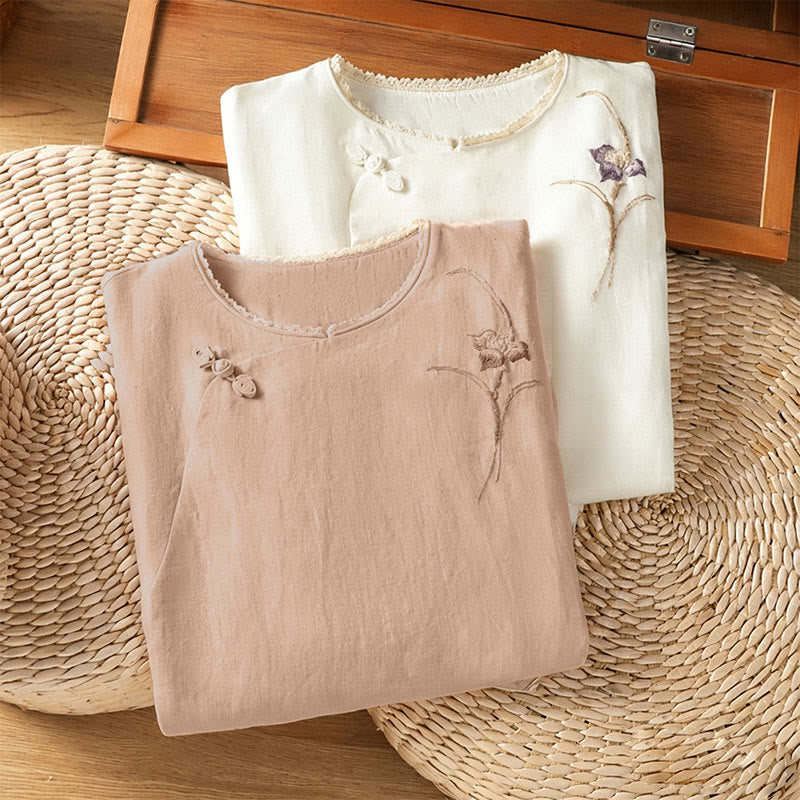 Nimara Ritual Summer Tang Style Vintage Embroidery Frog Button Floral Women's Short Sleeve Shirts