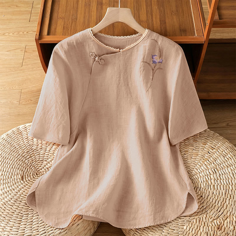 Nimara Ritual Summer Tang Style Vintage Embroidery Frog Button Floral Women's Short Sleeve Shirts