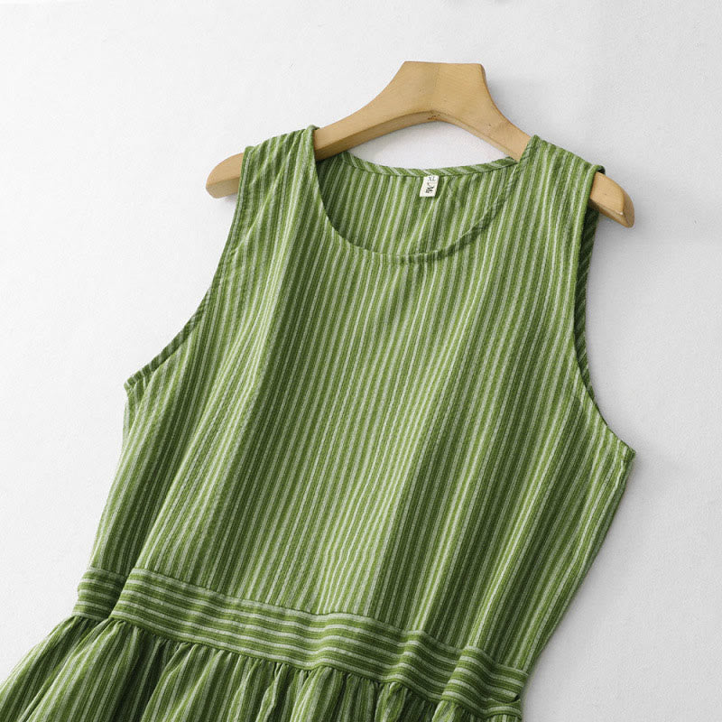 Nimara Ritual Summer Casual Elegant Green Striped Crew Neck Women's Summer Sleeveless Dress