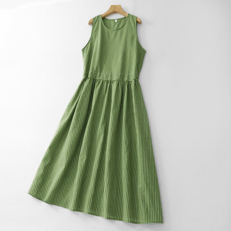 Nimara Ritual Summer Casual Elegant Green Striped Crew Neck Women's Summer Sleeveless Dress