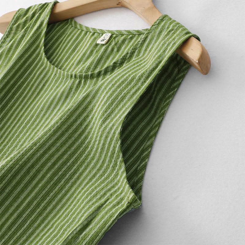 Nimara Ritual Summer Casual Elegant Green Striped Crew Neck Women's Summer Sleeveless Dress