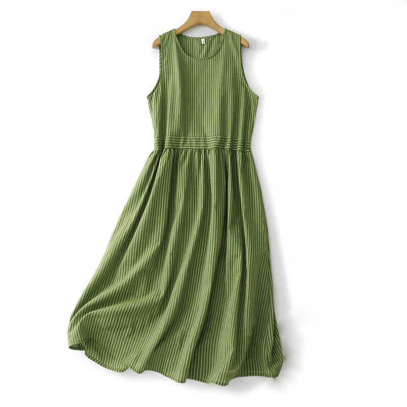 Nimara Ritual Summer Casual Elegant Green Striped Crew Neck Women's Summer Sleeveless Dress