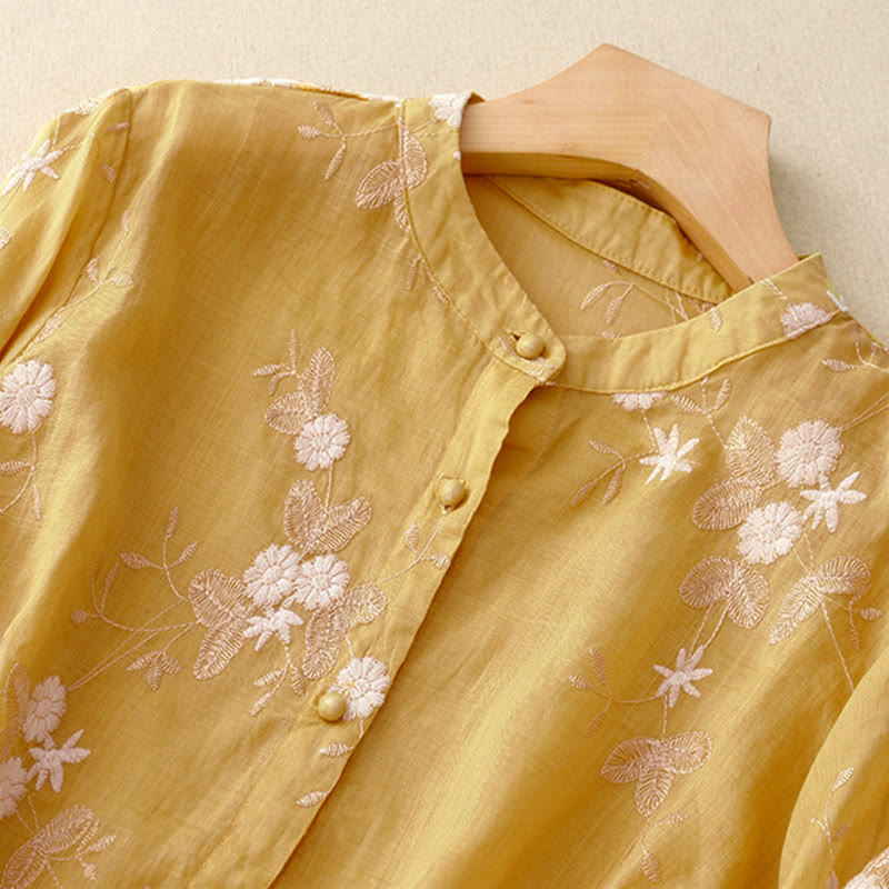 Nimara Ritual Casual Embroidered Petals Spliced Women's Crew Neck Design Half Sleeve Shirt