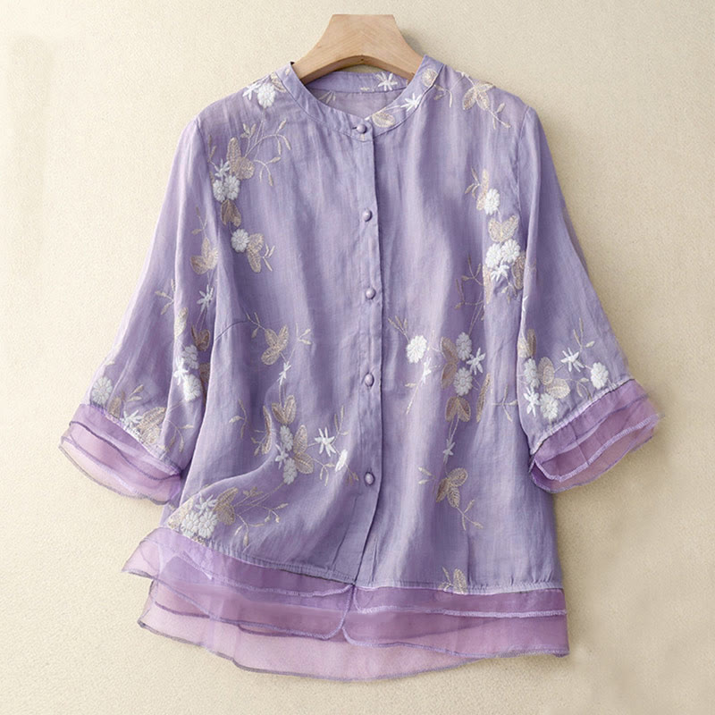 Nimara Ritual Casual Embroidered Petals Spliced Women's Crew Neck Design Half Sleeve Shirt