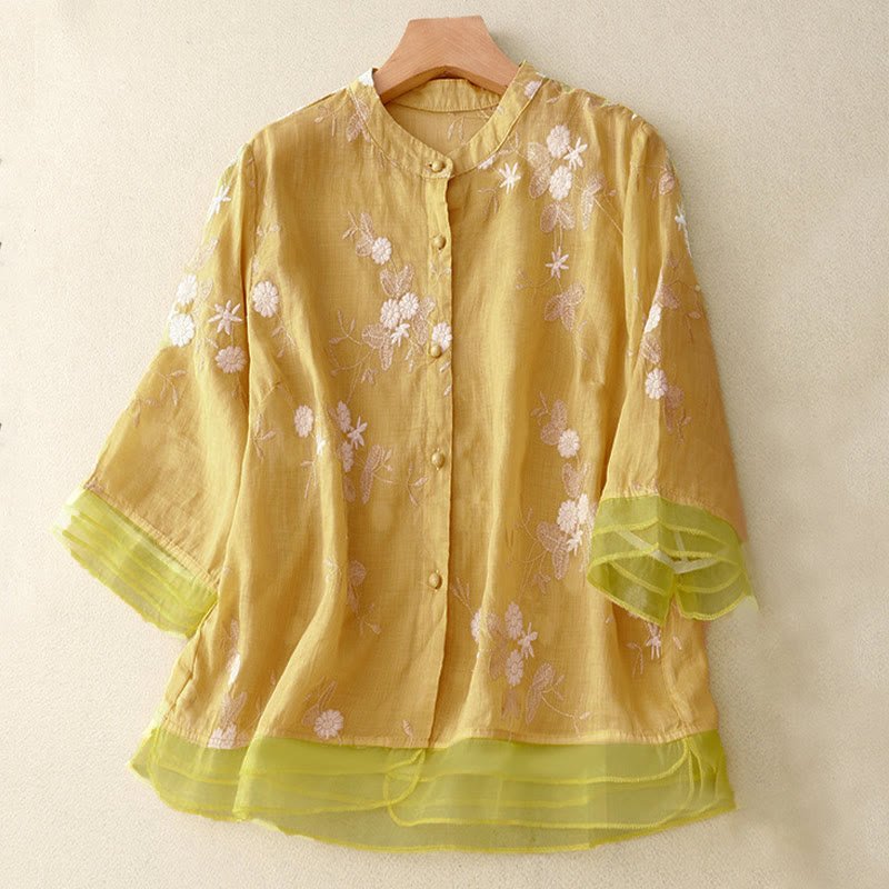 Nimara Ritual Casual Embroidered Petals Spliced Women's Crew Neck Design Half Sleeve Shirt