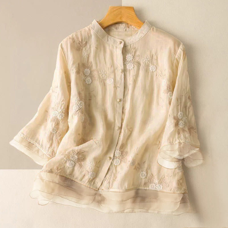 Nimara Ritual Casual Embroidered Petals Spliced Women's Crew Neck Design Half Sleeve Shirt