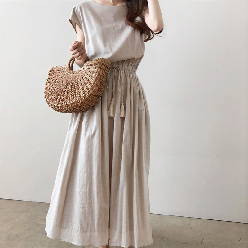 Nimara Ritual Casual Eastic Waist Drawstring Design Short Sleeve Midi Dress