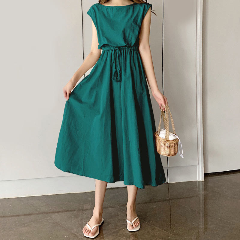 Nimara Ritual Casual Eastic Waist Drawstring Design Short Sleeve Midi Dress