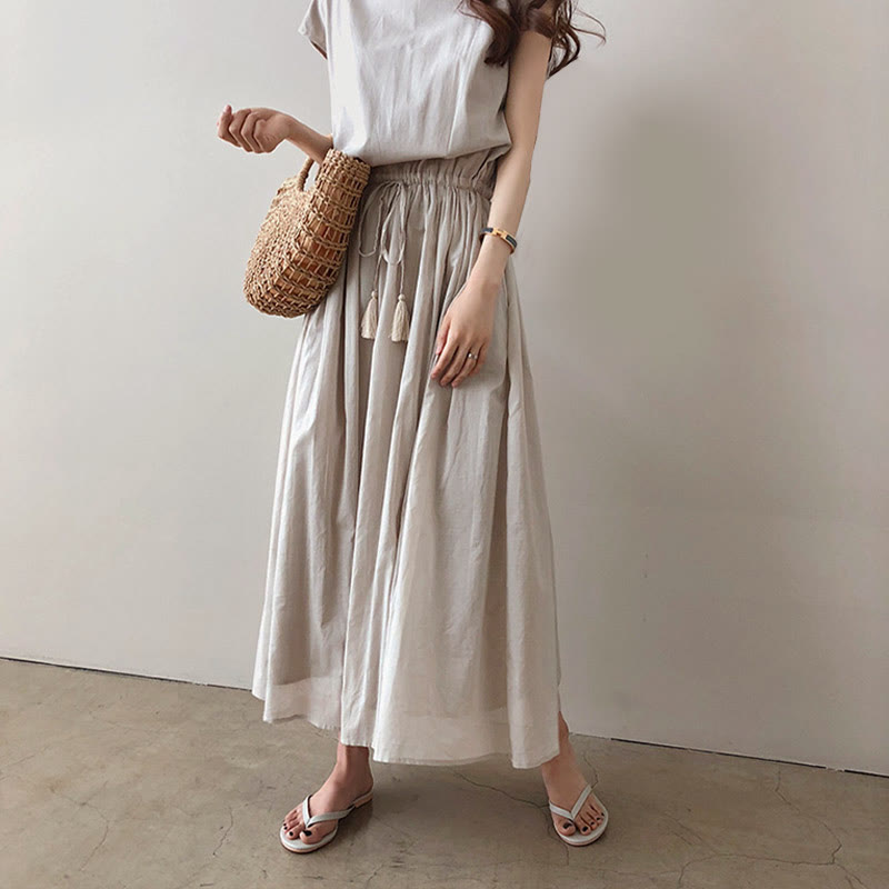 Nimara Ritual Casual Eastic Waist Drawstring Design Short Sleeve Midi Dress