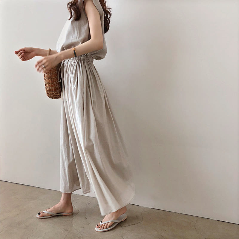 Nimara Ritual Casual Eastic Waist Drawstring Design Short Sleeve Midi Dress