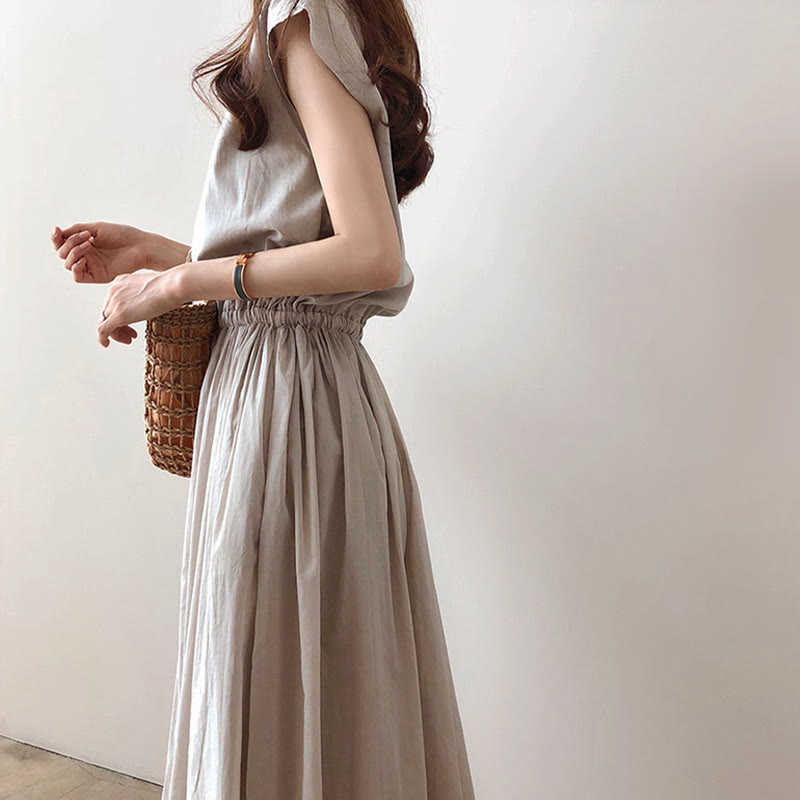 Nimara Ritual Casual Eastic Waist Drawstring Design Short Sleeve Midi Dress
