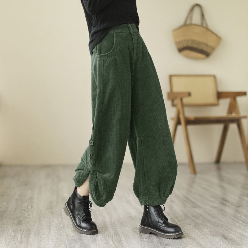 Nimara Ritual Casual Buttons Leg Opening Design Women's Corduroy Pants With Pockets