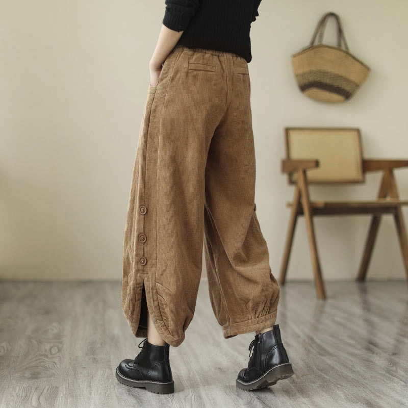 Nimara Ritual Casual Buttons Leg Opening Design Women's Corduroy Pants With Pockets