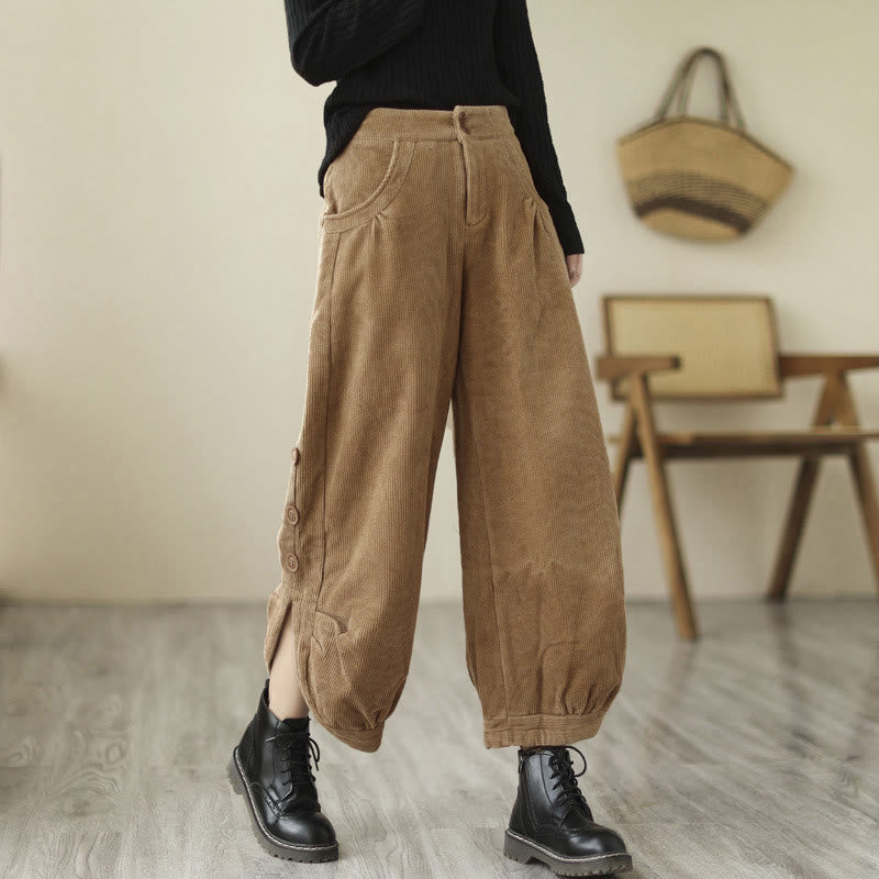 Nimara Ritual Casual Buttons Leg Opening Design Women's Corduroy Pants With Pockets