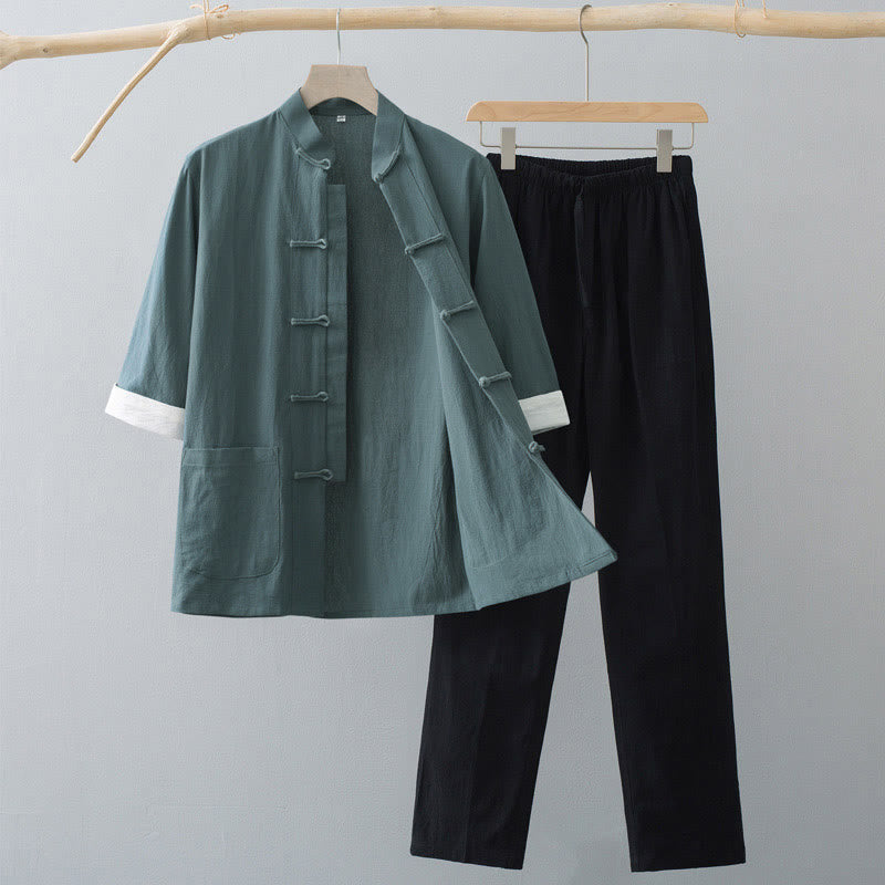 Nimara Ritual Traditional Frog Tang Suit Half Sleeve Top Pants Clothing Men's Set