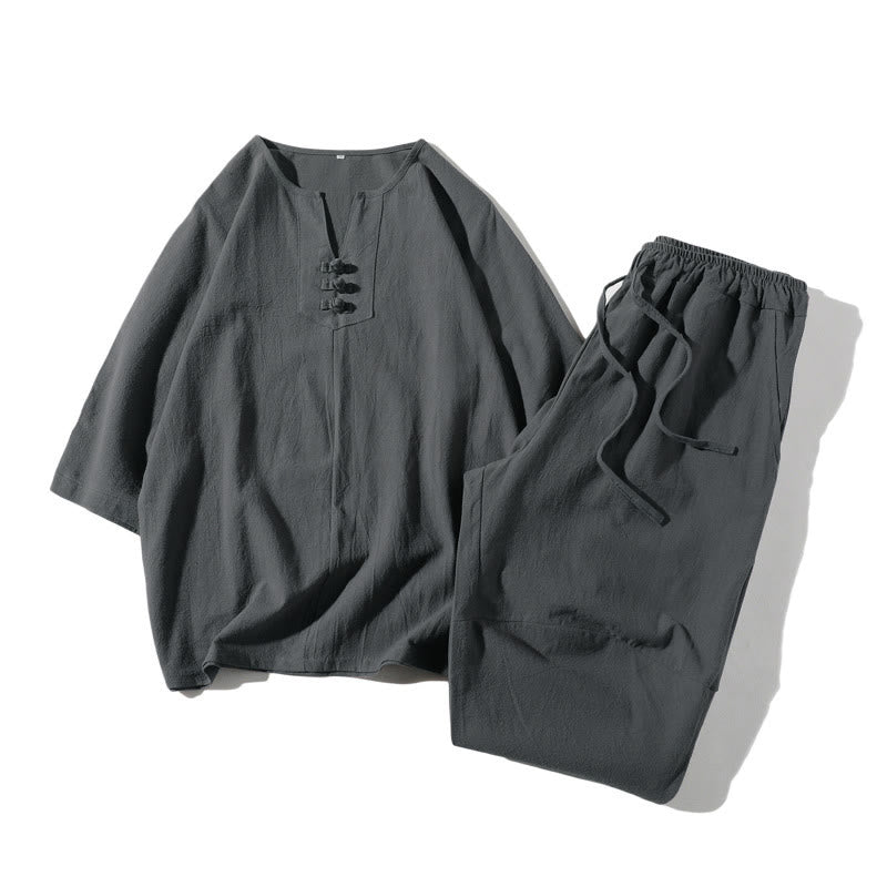 Nimara Ritual 2Pcs Plain Notched Collar T-Shirt Wide Leg Shorts With Pockets Men's Meditation Cloth Set