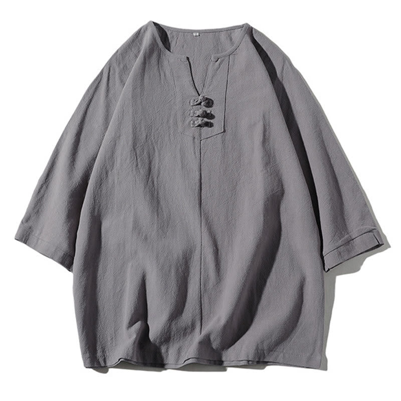 Nimara Ritual 2Pcs Plain Notched Collar T-Shirt Wide Leg Shorts With Pockets Men's Meditation Cloth Set