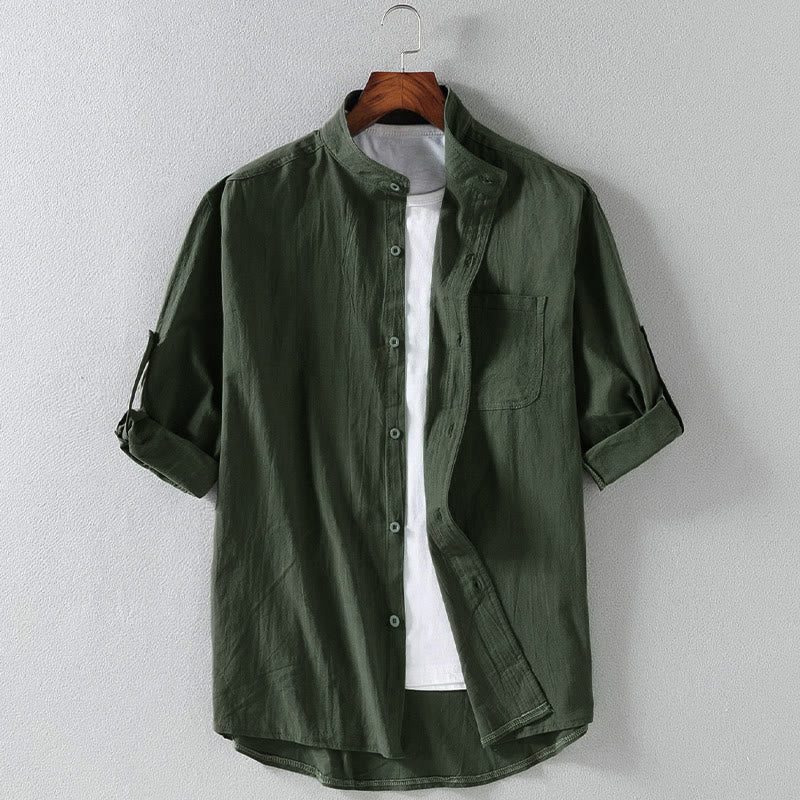 Nimara Ritual Vintage Casual Plain Single Breasted Three Quarter Sleeve Men's Shirt With Pocket