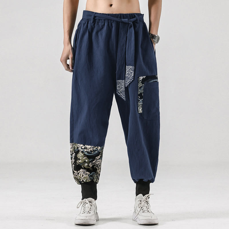 Nimara Ritual Ocean Waves Lace-up Men's Harem Pants With Pockets
