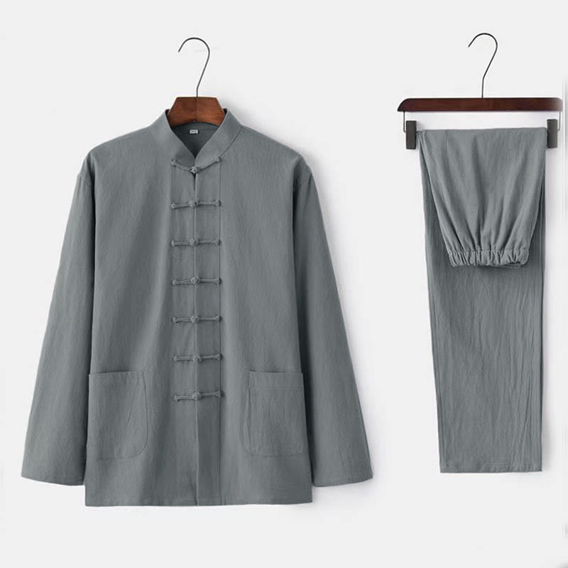 Nimara Ritual 2Pcs Tang Suit Traditional Frog-Button Uniform Long Sleeve Shirt Pants Men's Set