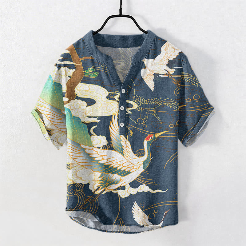 Nimara Ritual Cotton Crane Auspicious Clouds Pine Pattern Men's Short Sleeve Half Button Shirt