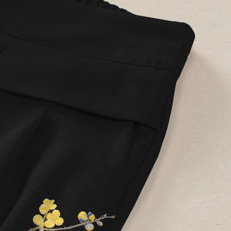 Nimara Ritual Cotton Linen Vintage Yellow Floral Pattern Women's Elastic Waist Wide Leg Pants With Pockets