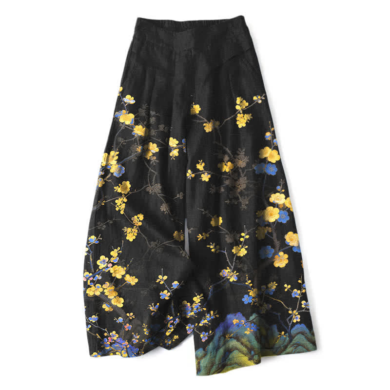 Nimara Ritual Cotton Linen Vintage Yellow Floral Pattern Women's Elastic Waist Wide Leg Pants With Pockets