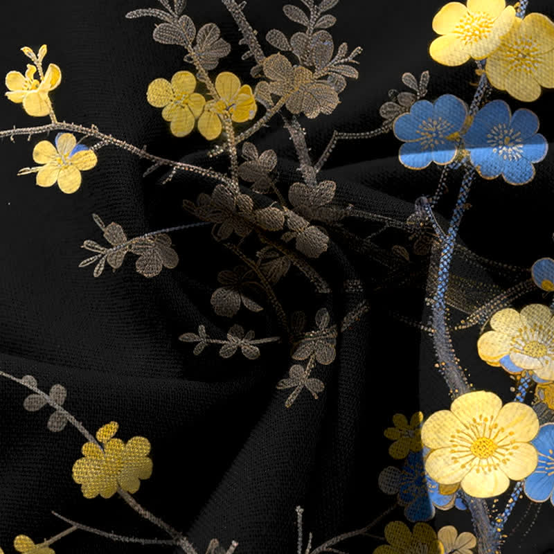 Nimara Ritual Cotton Linen Vintage Yellow Floral Pattern Women's Elastic Waist Wide Leg Pants With Pockets