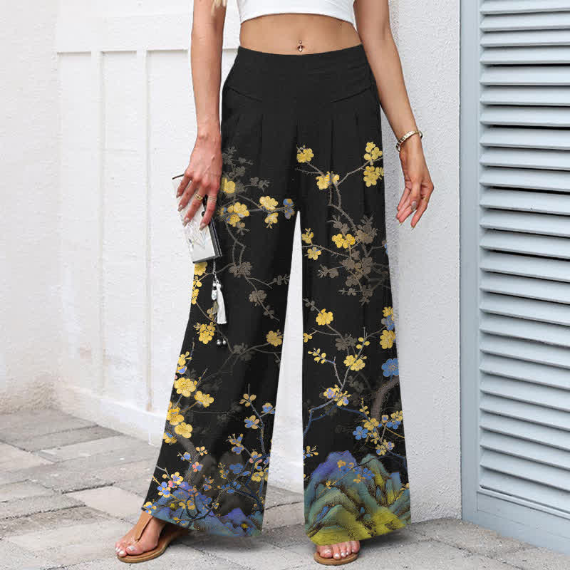 Nimara Ritual Cotton Linen Vintage Yellow Floral Pattern Women's Elastic Waist Wide Leg Pants With Pockets