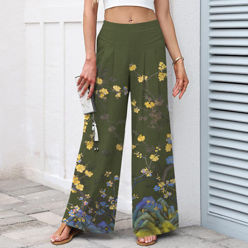 Nimara Ritual Cotton Linen Vintage Yellow Floral Pattern Women's Elastic Waist Wide Leg Pants With Pockets