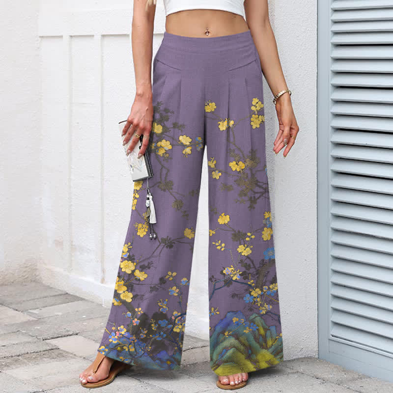 Nimara Ritual Cotton Linen Vintage Yellow Floral Pattern Women's Elastic Waist Wide Leg Pants With Pockets