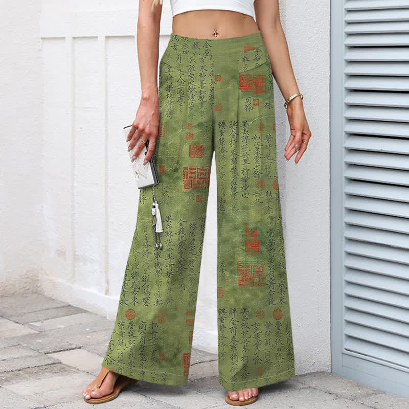 Nimara Ritual Cotton Linen Vintage Script Pattern Women's Elastic Waist Wide Leg Pants With Pockets