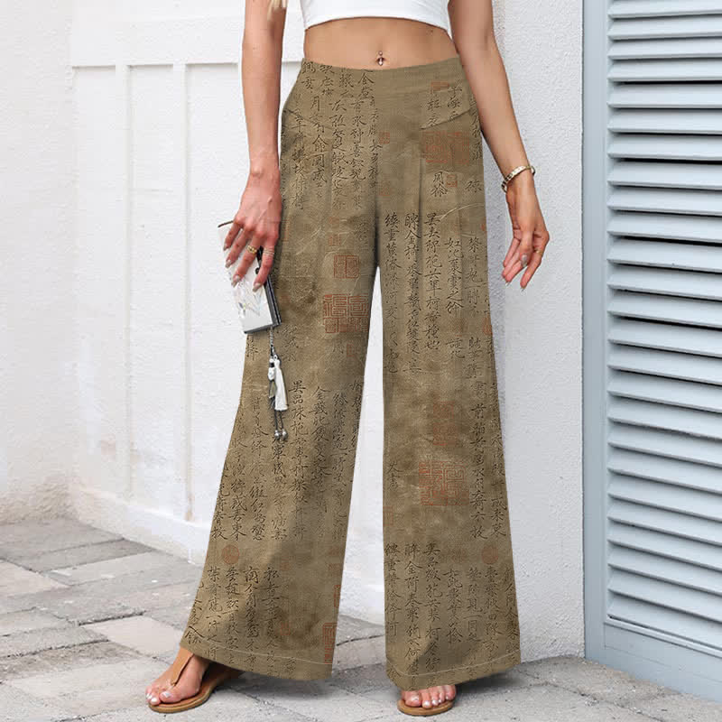 Nimara Ritual Cotton Linen Vintage Script Pattern Women's Elastic Waist Wide Leg Pants With Pockets