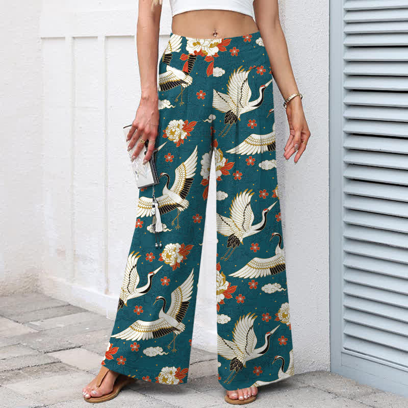 Nimara Ritual Cotton Linen Crane Blossom Pattern Women's Elastic Waist Wide Leg Pants With Pockets