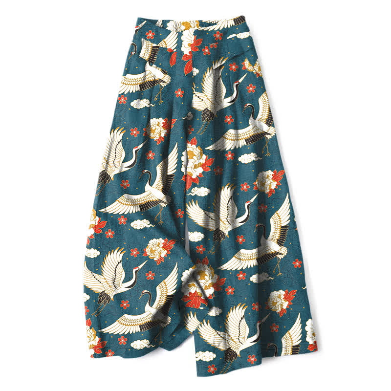 Nimara Ritual Cotton Linen Crane Blossom Pattern Women's Elastic Waist Wide Leg Pants With Pockets