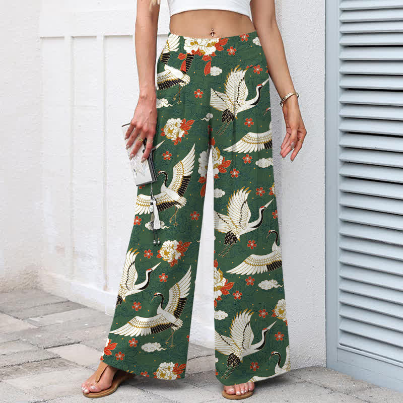 Nimara Ritual Cotton Linen Crane Blossom Pattern Women's Elastic Waist Wide Leg Pants With Pockets