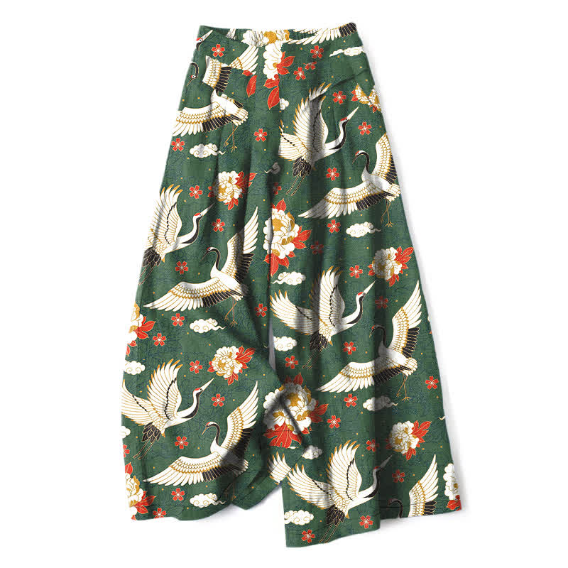 Nimara Ritual Cotton Linen Crane Blossom Pattern Women's Elastic Waist Wide Leg Pants With Pockets