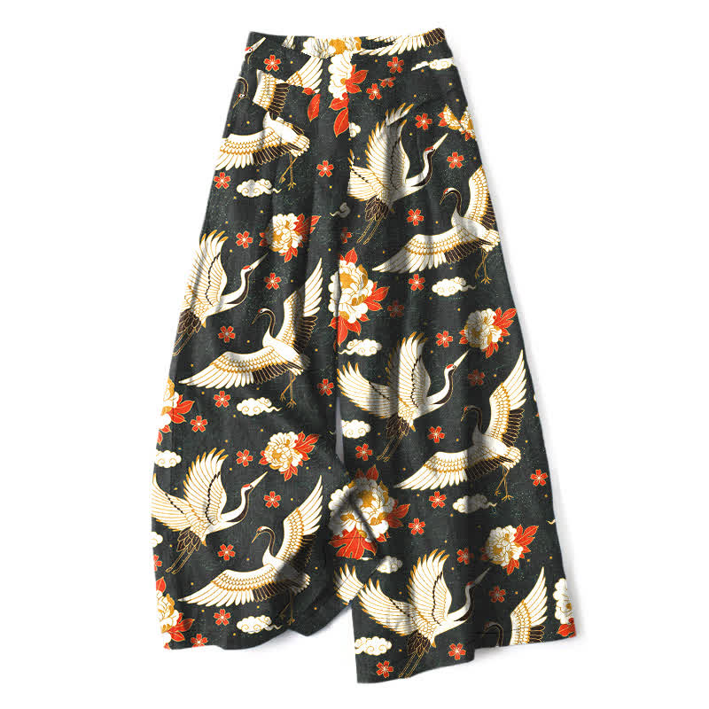 Nimara Ritual Cotton Linen Crane Blossom Pattern Women's Elastic Waist Wide Leg Pants With Pockets