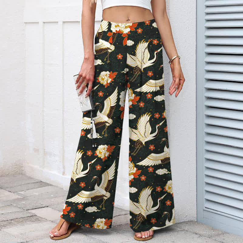 Nimara Ritual Cotton Linen Crane Blossom Pattern Women's Elastic Waist Wide Leg Pants With Pockets