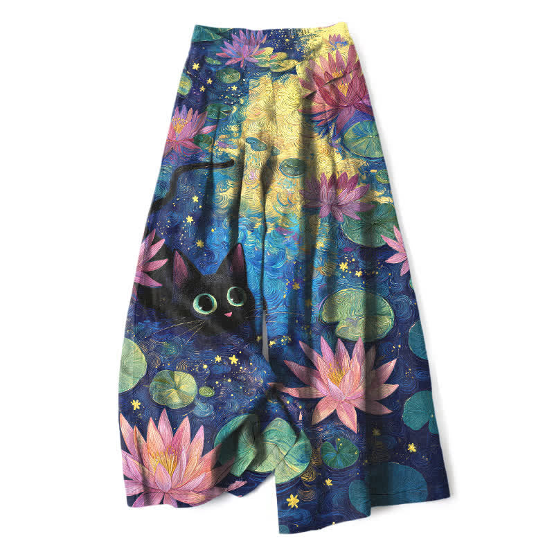 Nimara Ritual Cotton Linen Celestial Floral Cat Lotus Pattern Women's Elastic Waist Wide Leg Pants With Pockets