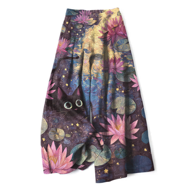 Nimara Ritual Cotton Linen Celestial Floral Cat Lotus Pattern Women's Elastic Waist Wide Leg Pants With Pockets