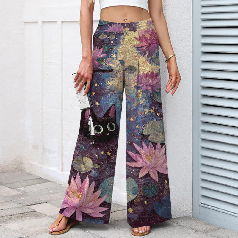 Nimara Ritual Cotton Linen Celestial Floral Cat Lotus Pattern Women's Elastic Waist Wide Leg Pants With Pockets